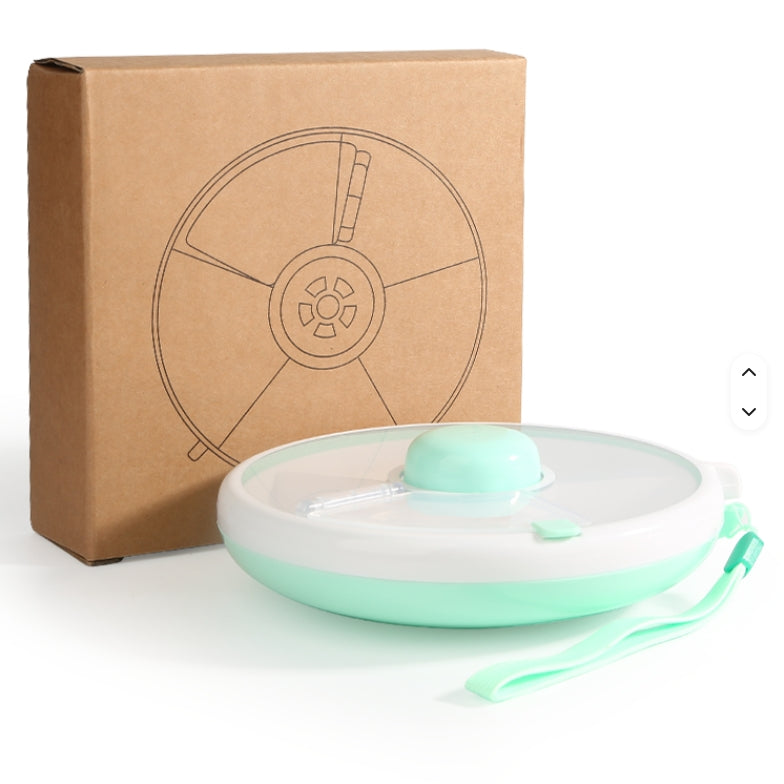 Kids snack container showing rotating inner tray for easy snack access