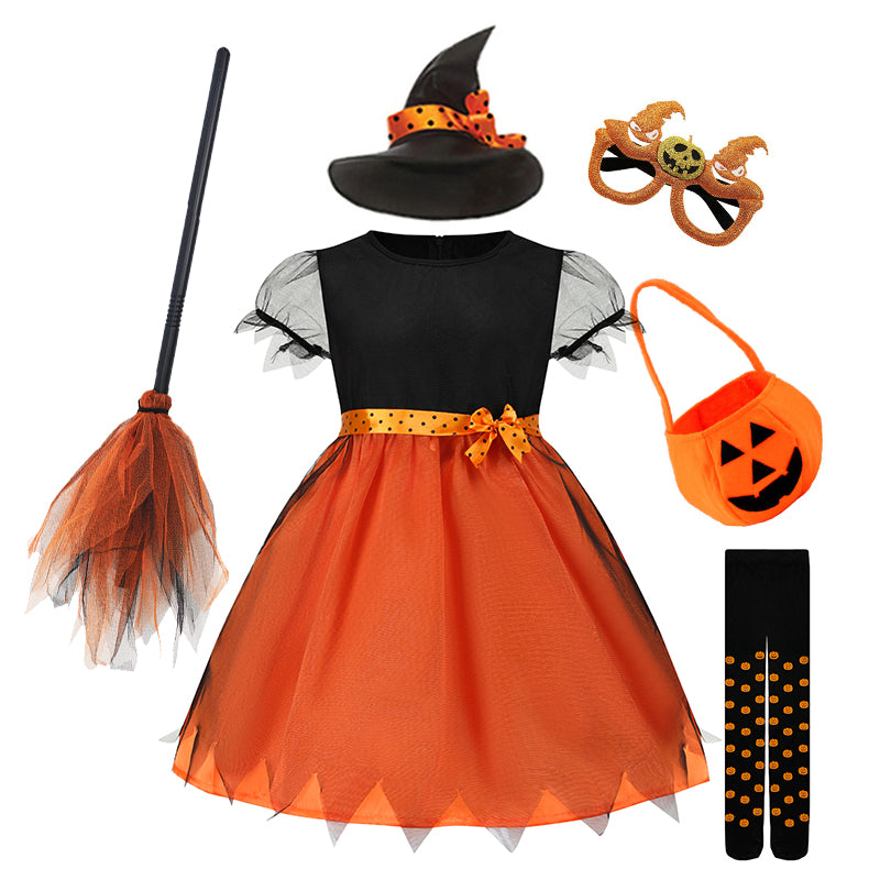 Girls Pumpkin Witch Halloween Princess Dress