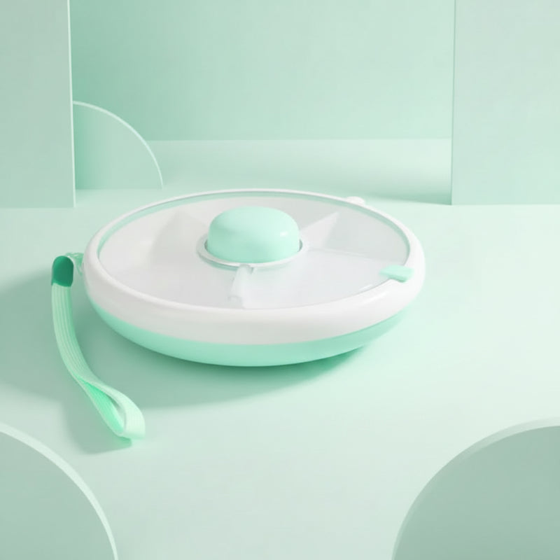 Compact kids snack container with rotating sections for portioned snacks