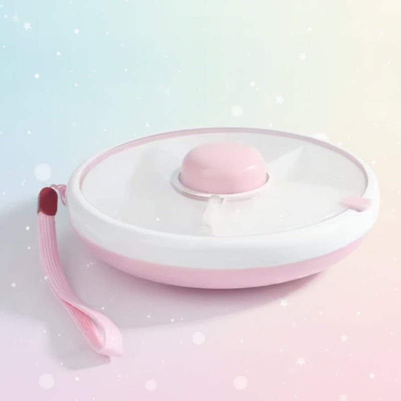Portable snack container for kids displayed open and closed