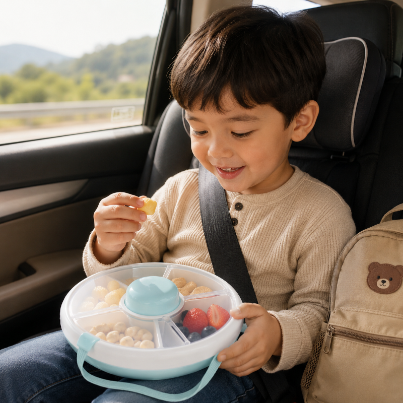 Kids snack container opened to display multiple rotating snack compartments