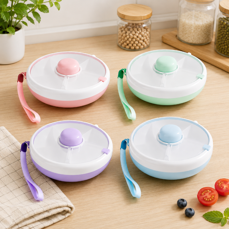Kids snack container with rotating compartments shown closed on a plain background