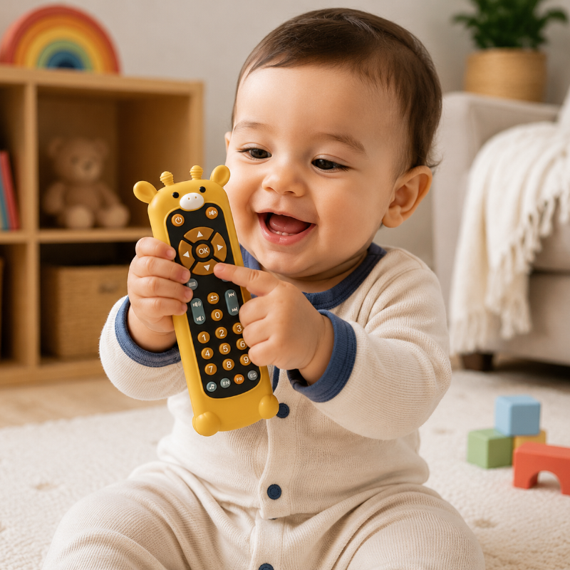 Children's toy remote with interactive buttons and playful design