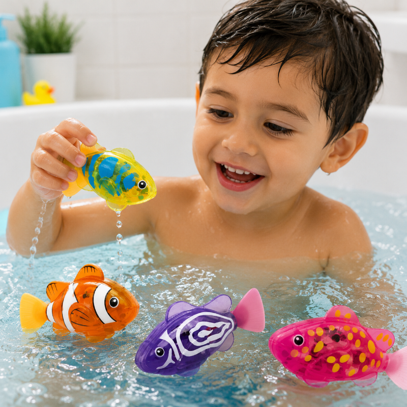 Electronic swimming fish bath toy glowing with LED light in water