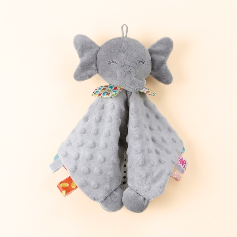 Soft baby security blanket comfort toy laid flat on a white background