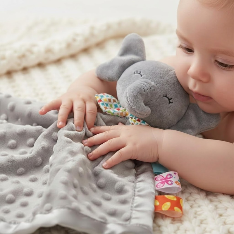 Close-up of the baby comfort toy fabric and soft comfort blanket details