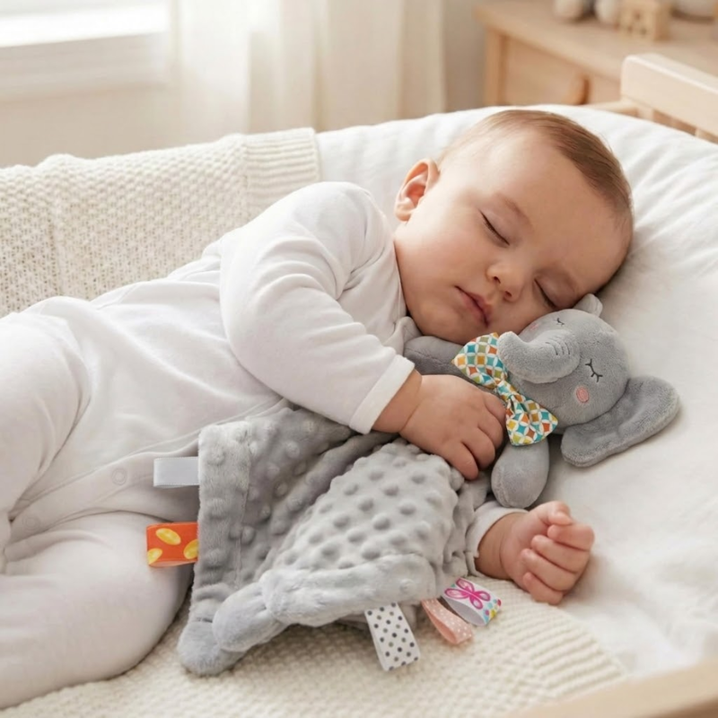 Baby comforter security blanket with plush texture shown from the front
