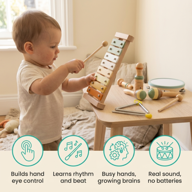 Wooden Montessori music set with xylophone, drum and hand instruments