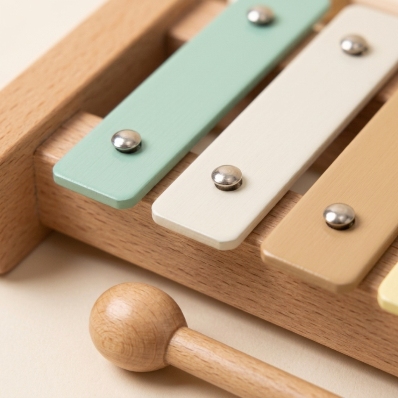 Close-up of wooden toddler instruments included in the music set