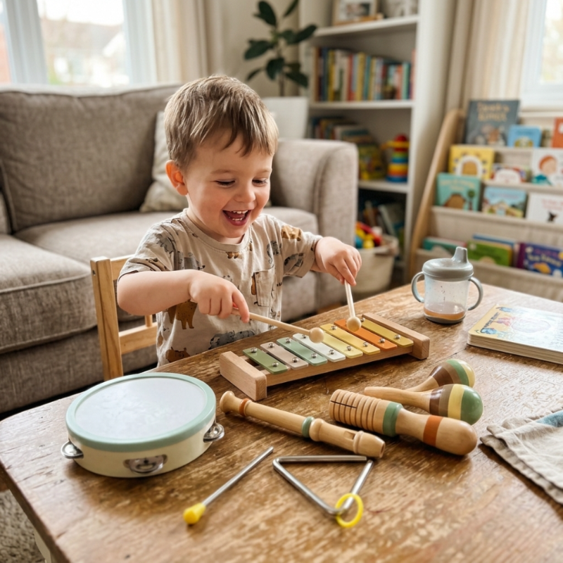 Six-piece wooden toddler music set for early learning and rhythm play