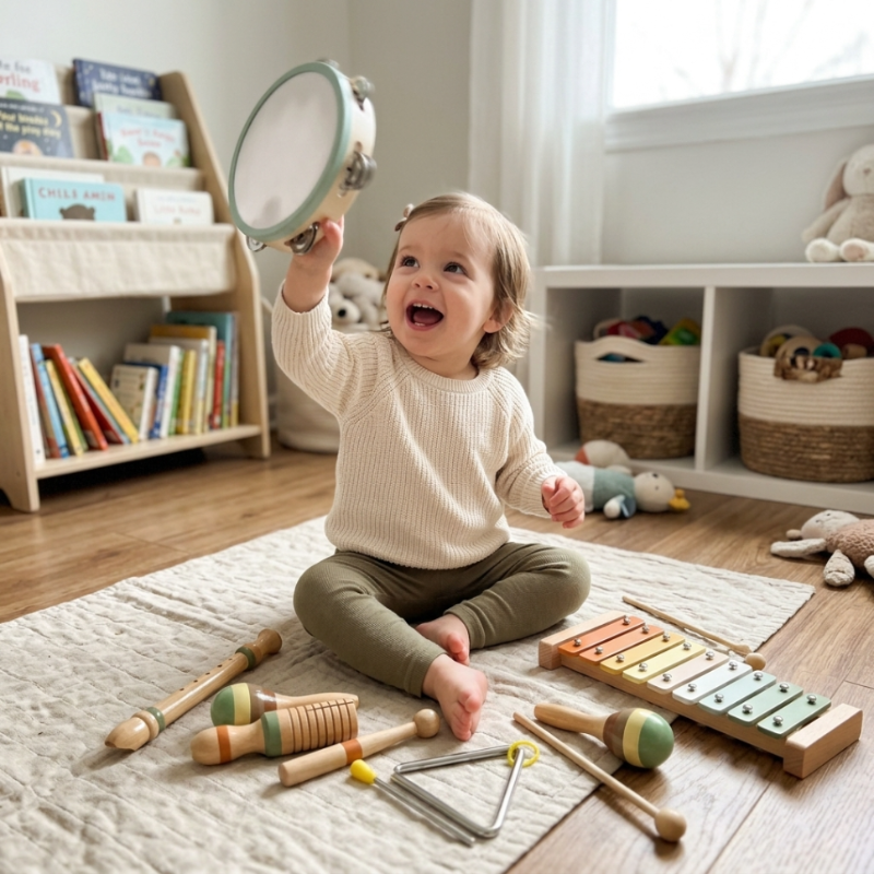 Child using the wooden music set for sensory and musical play