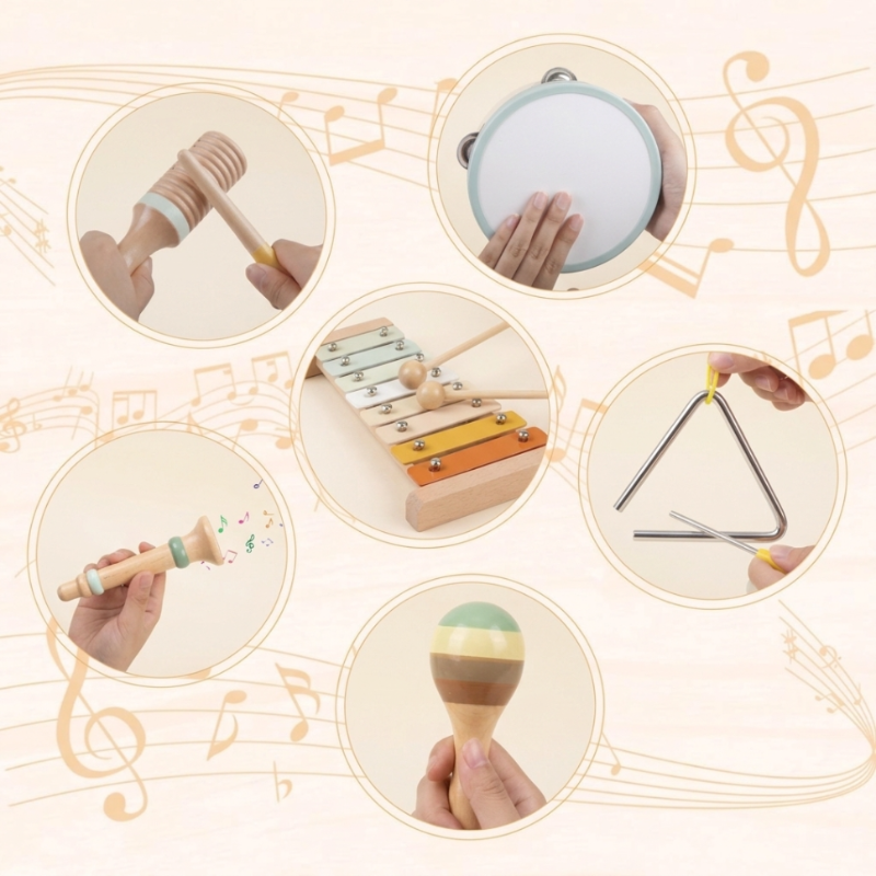 Toddler playing with a wooden xylophone from the music set