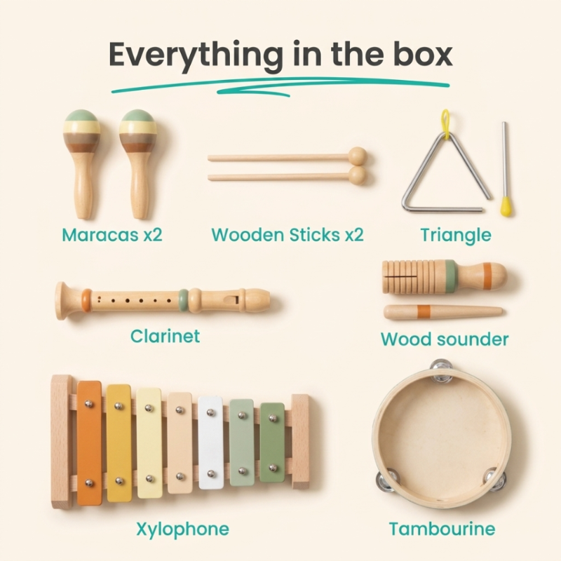 Gift-ready wooden toddler music set with xylophone and accessories