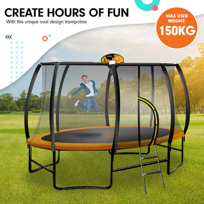 Kahuna 8ft X 14t Outdoor Orange Oval Trampoline With Safety Enclosure And Basketball Hoop Set