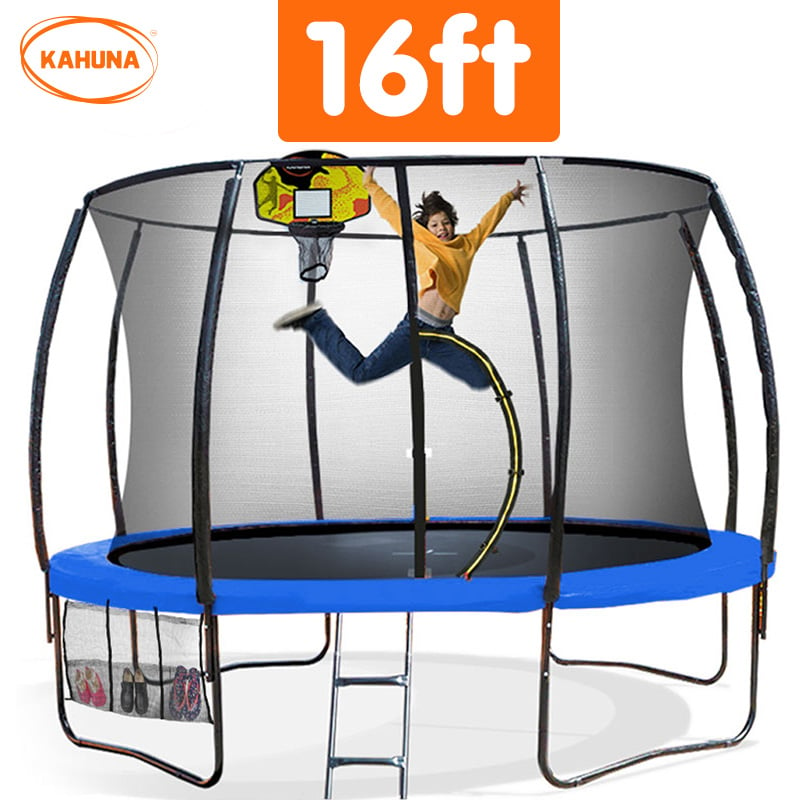 Kahuna 16ft Outdoor Trampoline Kids Children With Safety Enclosure Pad Mat Ladder Basketball Hoop Set - Blue