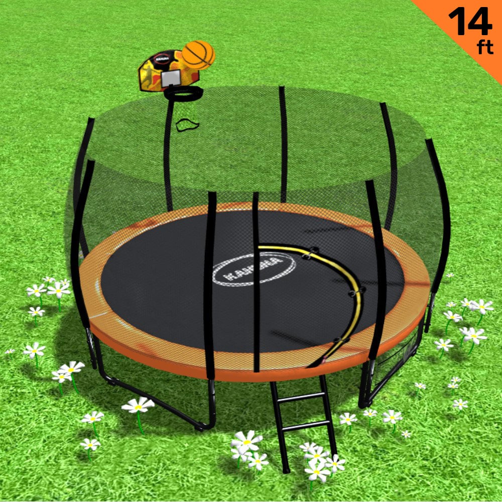 Kahuna Twister 14ft Springless Trampoline Outdoor Kids Safety Net Pad Mat with Basketball Set