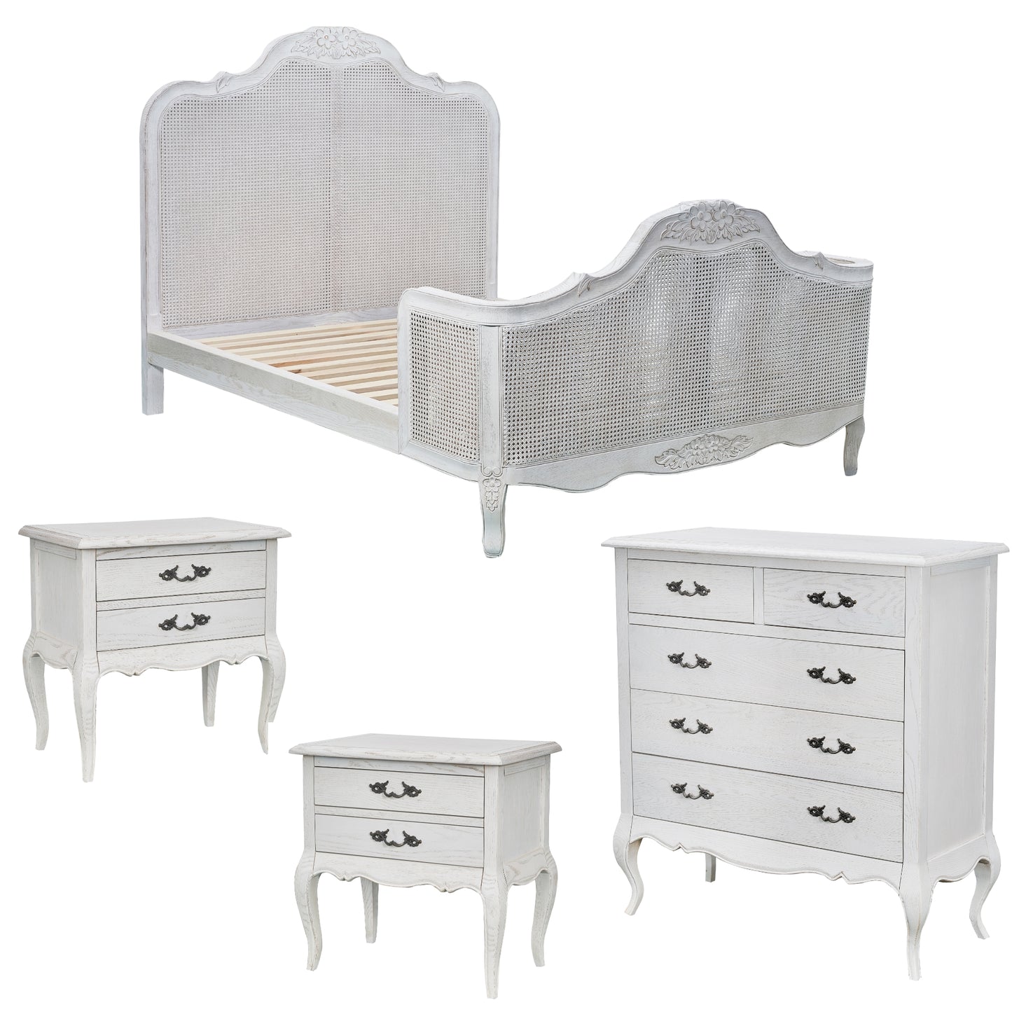 Alice 4pc Queen Bed Suite Bedside Tallboy Bedroom Rattan Furniture Package White