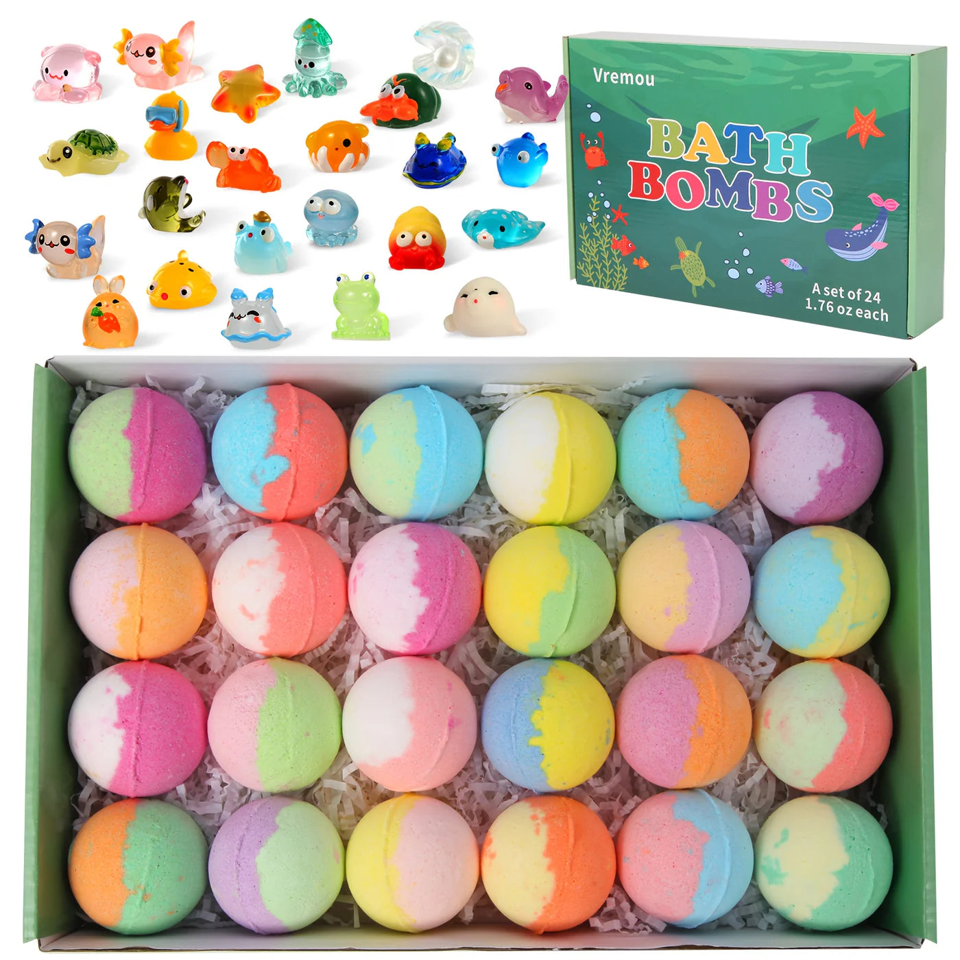 24-Pieces Surprise Bath Bombs for Kids Aged 3+ with Hidden Animal Toys