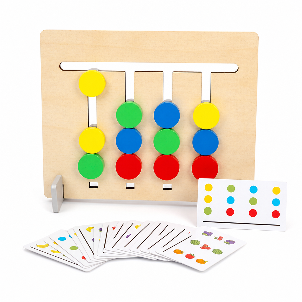 Wooden Logic Board with Sliding Colour Pieces and Pattern Matching Puzzles for Kids