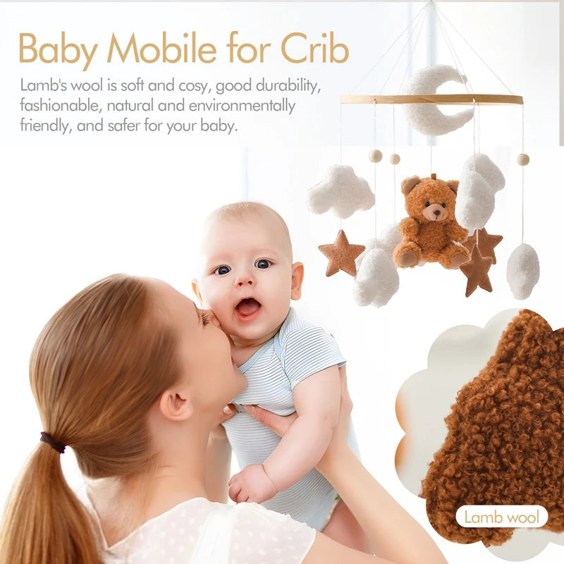 Wooden Bear Crib Mobile with Soft Felt Rattle and Music Box