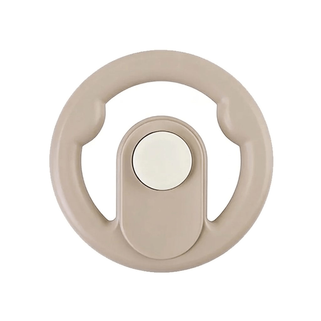 Pram steering wheel toy shown from the front with colourful details