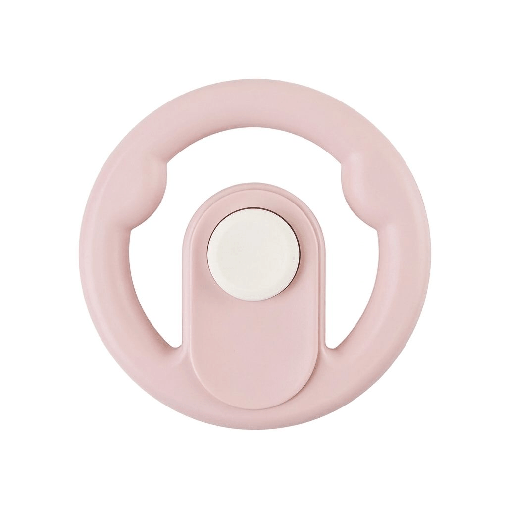 Toddler steering wheel pram toy clipped onto a stroller for on-the-go play