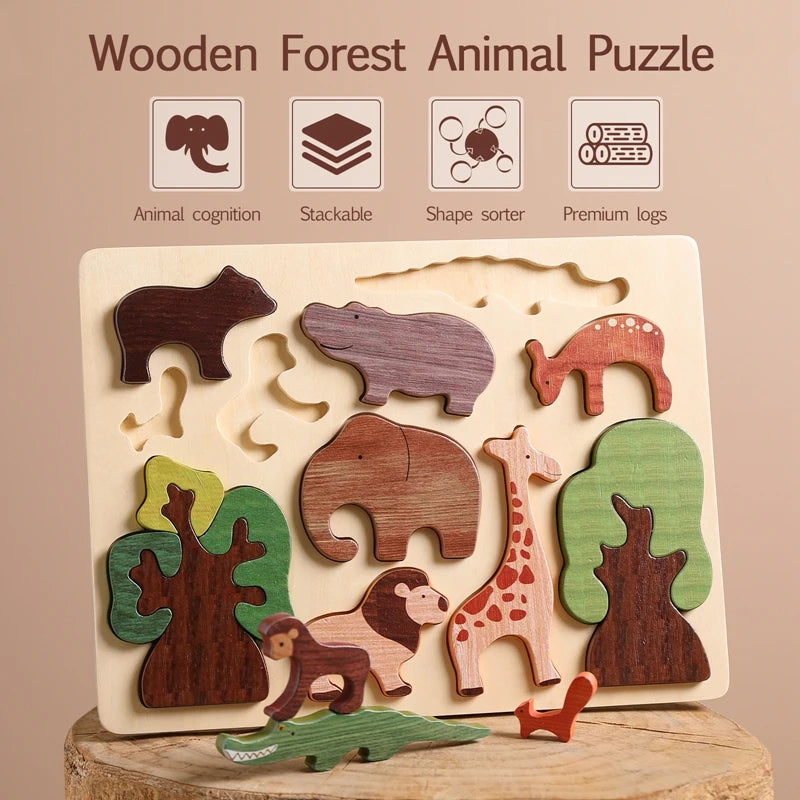 3D Wooden Forest Animals Puzzle Board Montessori Educational Toy