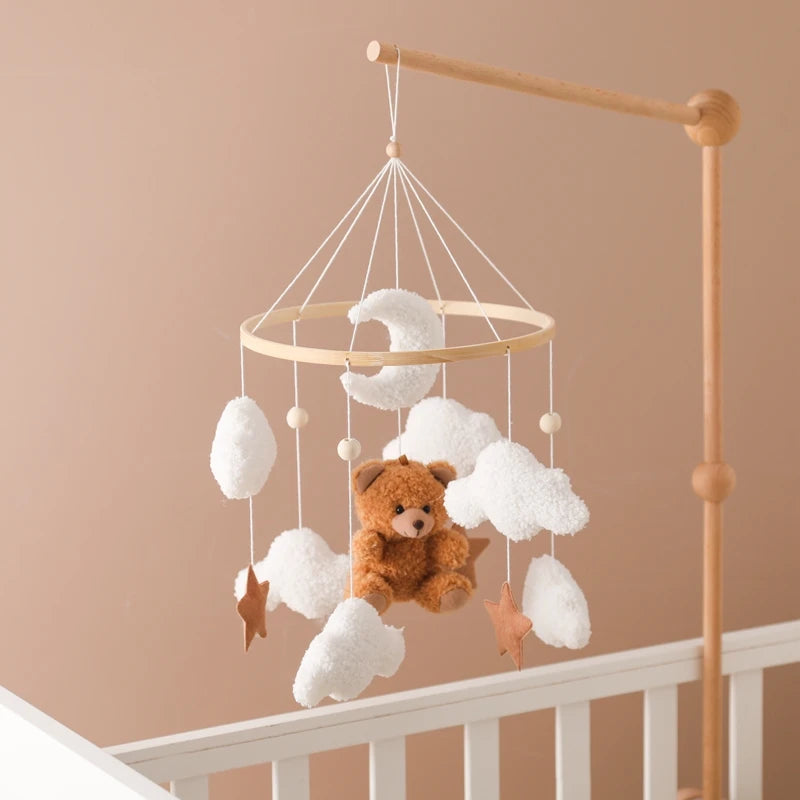 Wooden Bear Crib Mobile with Soft Felt Rattle and Music Box