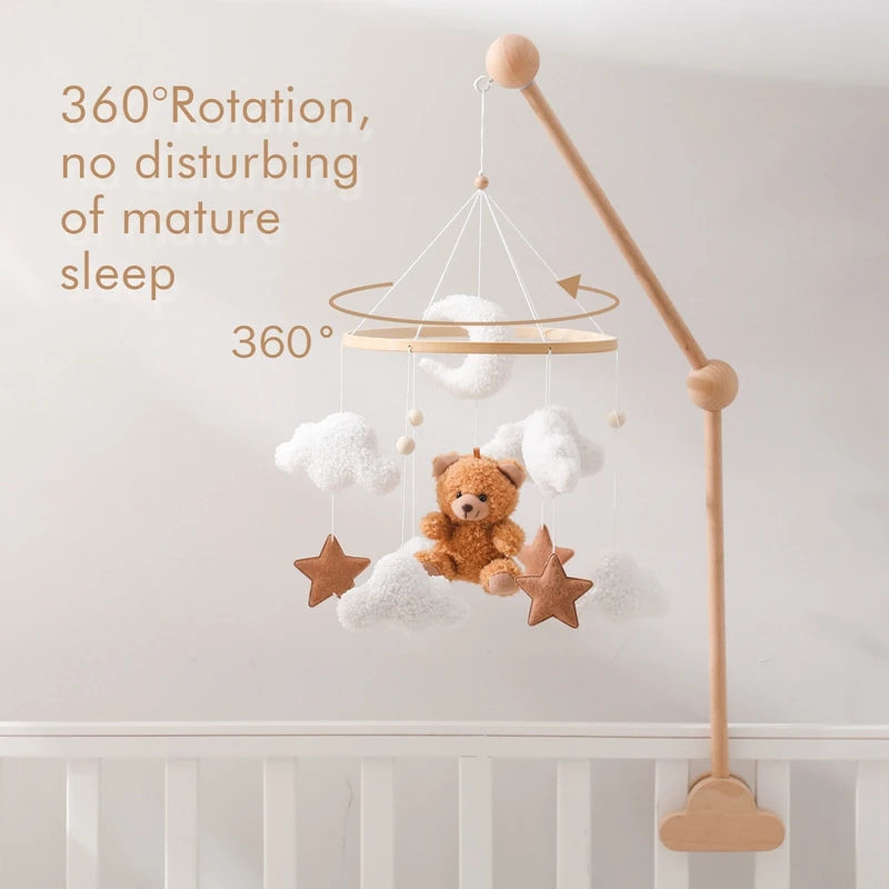 Wooden Bear Crib Mobile with Soft Felt Rattle and Music Box