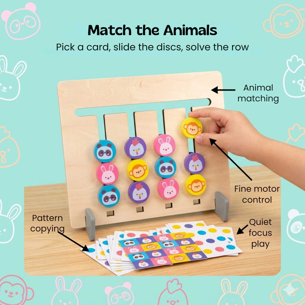 Wooden Logic Board with Sliding Colour Pieces and Pattern Matching Puzzles for Kids