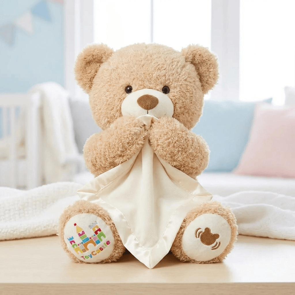 Peekaboo musical plush bear toy for babies in a soft seated design