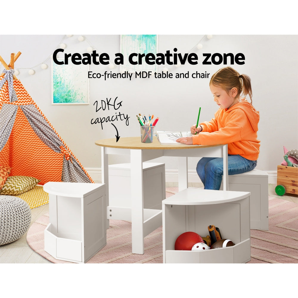 Keezi 5PCS Kids Table and Chairs Set Storage Chair Wooden Play Study Desk