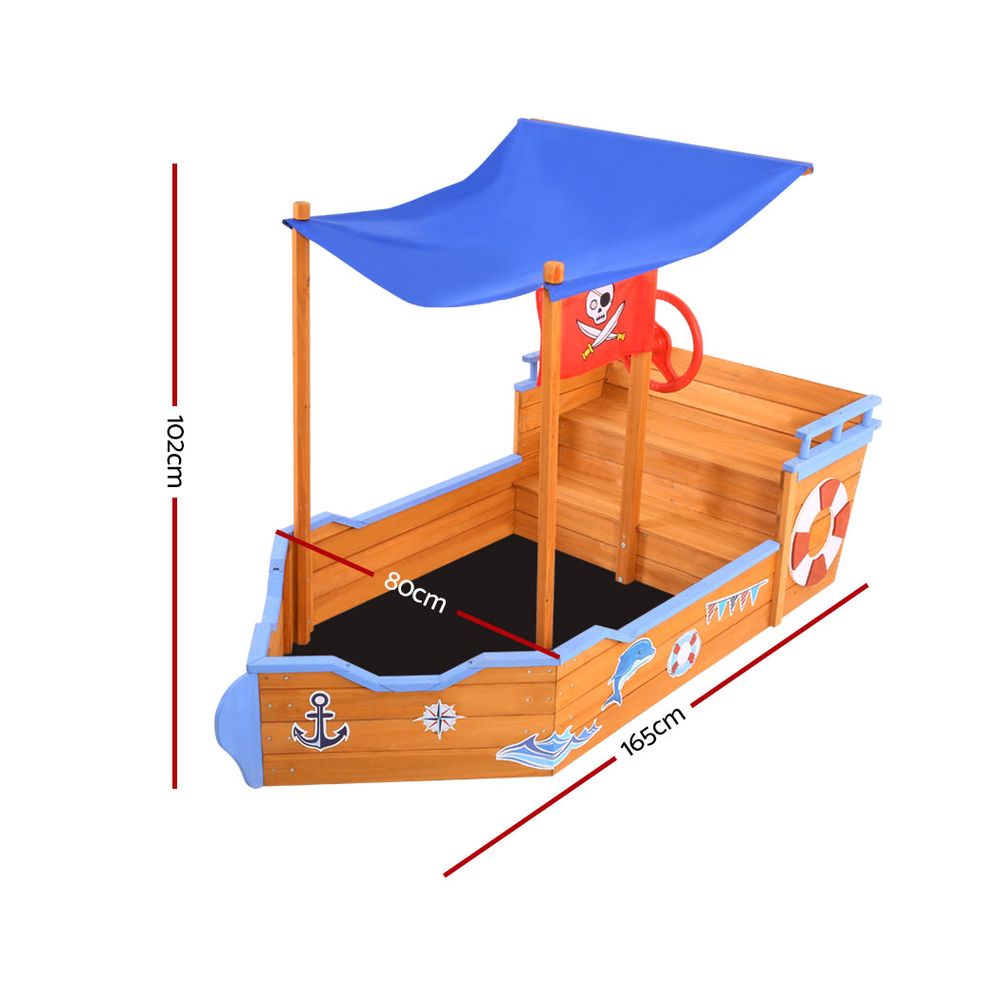 Keezi Kids Sandpit Wooden Boat Sand Pit with Canopy Bench Seat Beach Toys 165cm