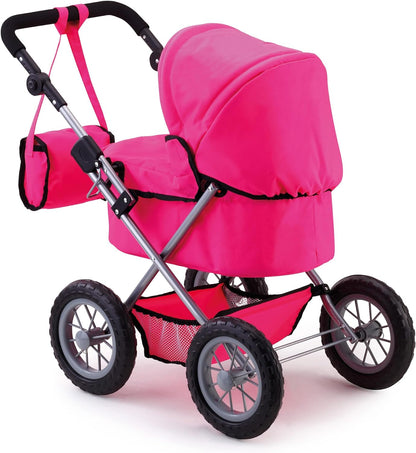 Foldable Dolls Pram with Height-Adjustable Handle and Shoulder Bag, Stable, Pink