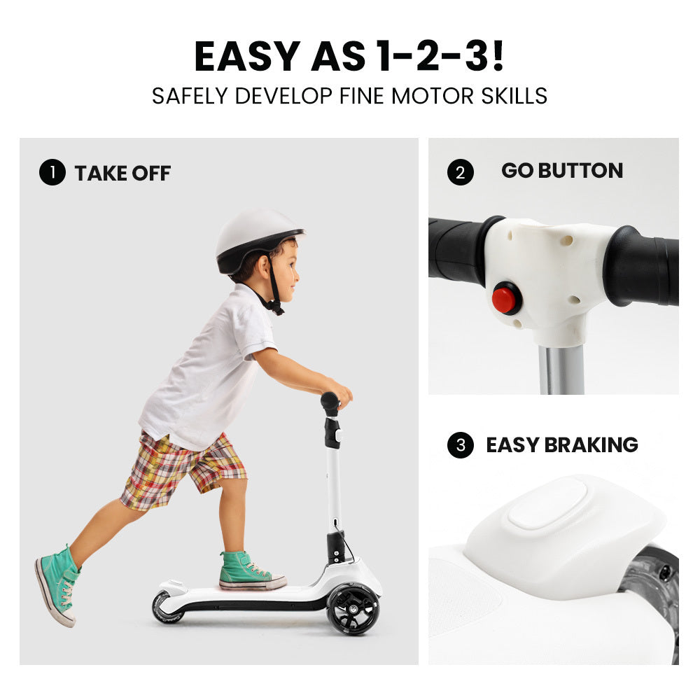 ROVO KIDS 3-Wheel Electric Scooter, Ages 3-8, Adjustable Height, Folding, Lithium Battery, White