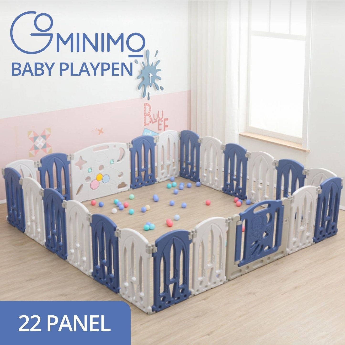 GOMINIMO Foldable Baby Playpen with 22 Panels (White Blue) GO-BP-103-TF