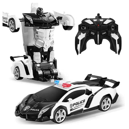 GOMINIMO Transform Car Robot Police Car with Remote Control (White Black) GO-TCR-102-FM