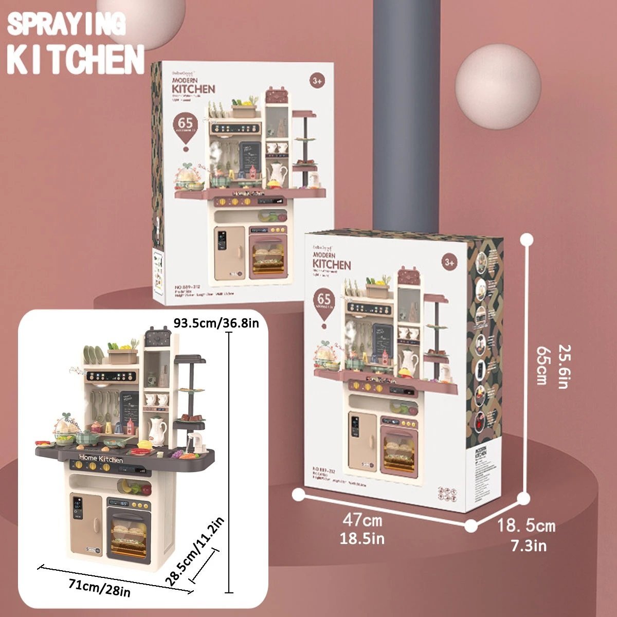 65pcs 93cm Children Kitchen Kitchenware Play Toy Simulation Steam Spray Cooking Set Cookware Tableware Gift Brown Color