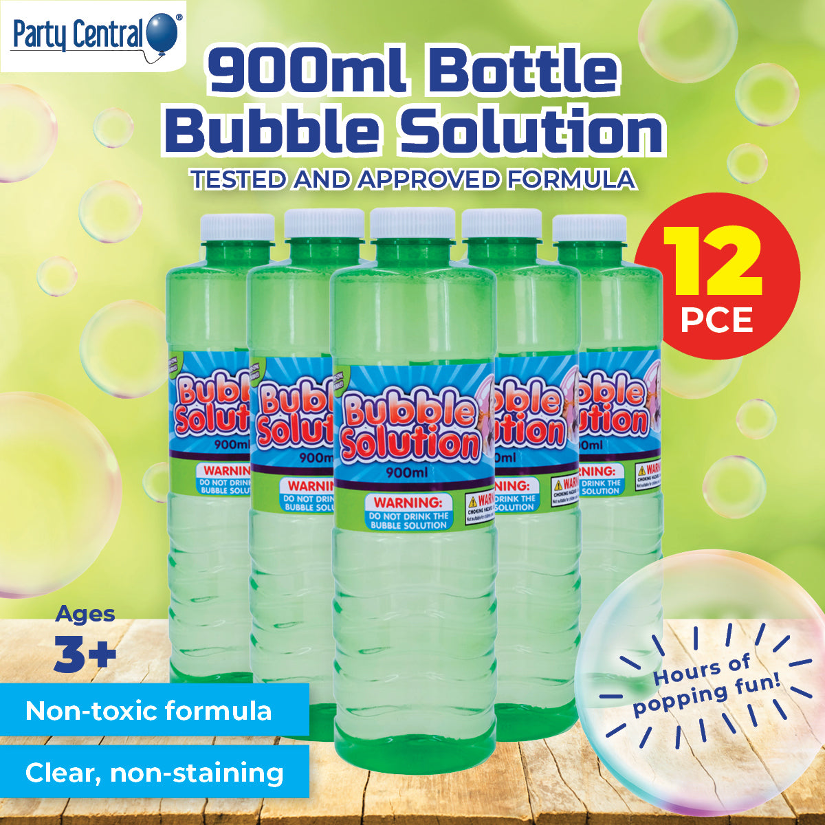 Party Central 12PCE Bubble Solution Non-Toxic Unscented Non-Staining 900ml