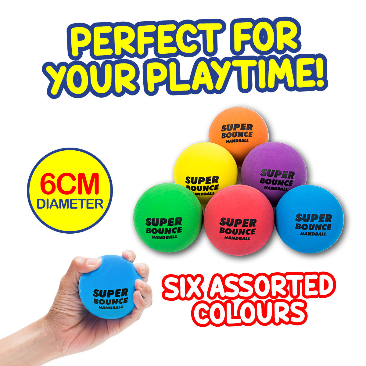 48PCE Super Bounce Hand Balls 6cm Diameter Playtime Endless Fun Indoor/Outdoor