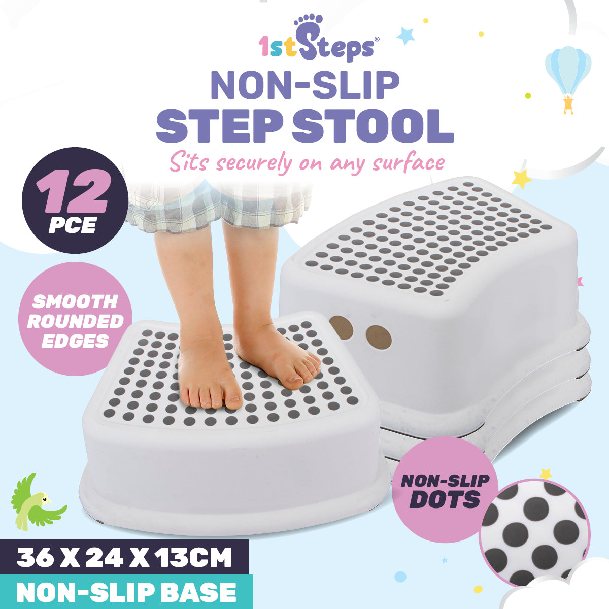 1st Steps 12PCE Toddler Step Stool Non Slip Surface & Base Sturdy