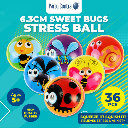 Party Central 36PCE Sweet Bugs Stress Balls High Quality Rubber Toy 6.3cm