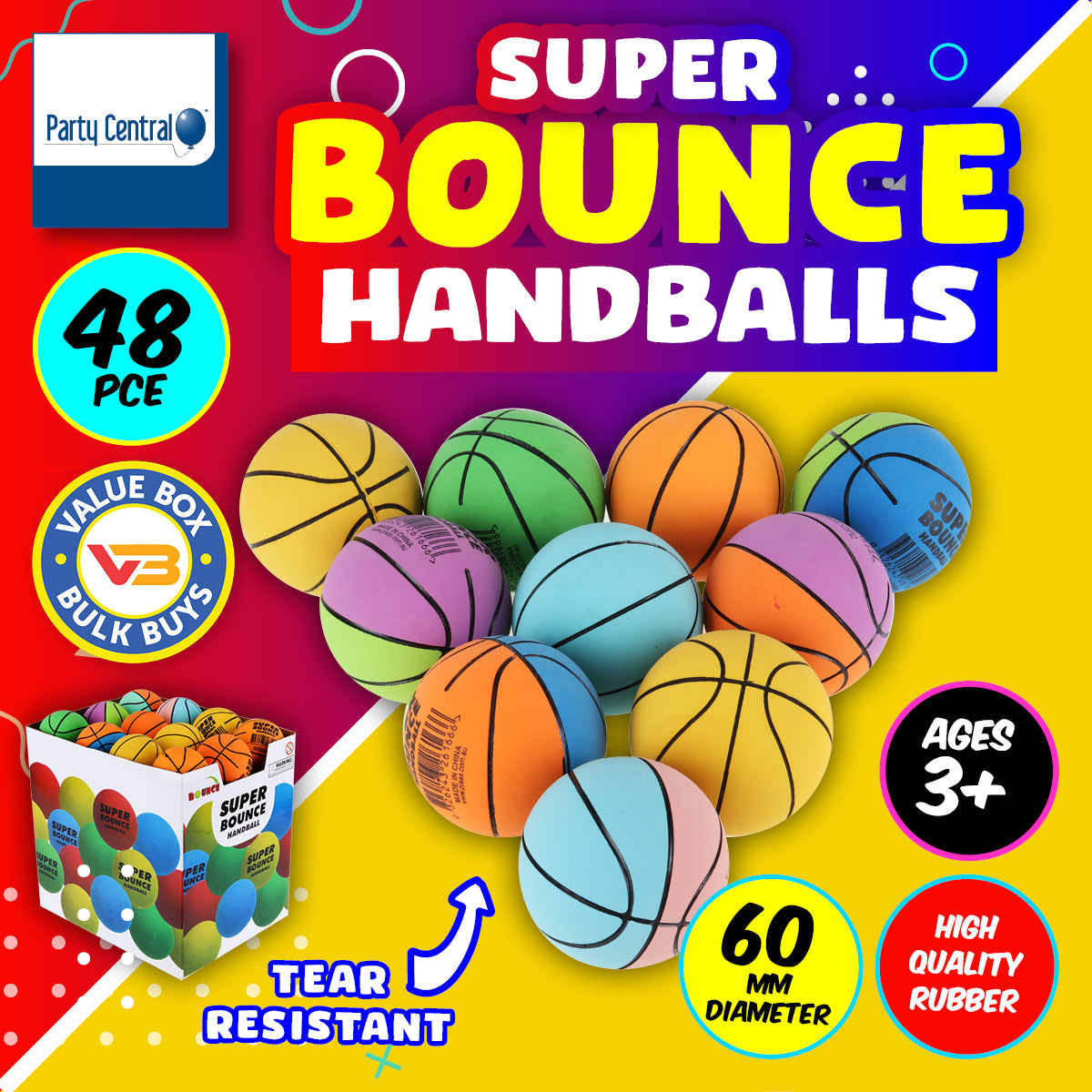 Party Central 48PCE Super Bounce Hand Balls High Quality Rubber 6cm