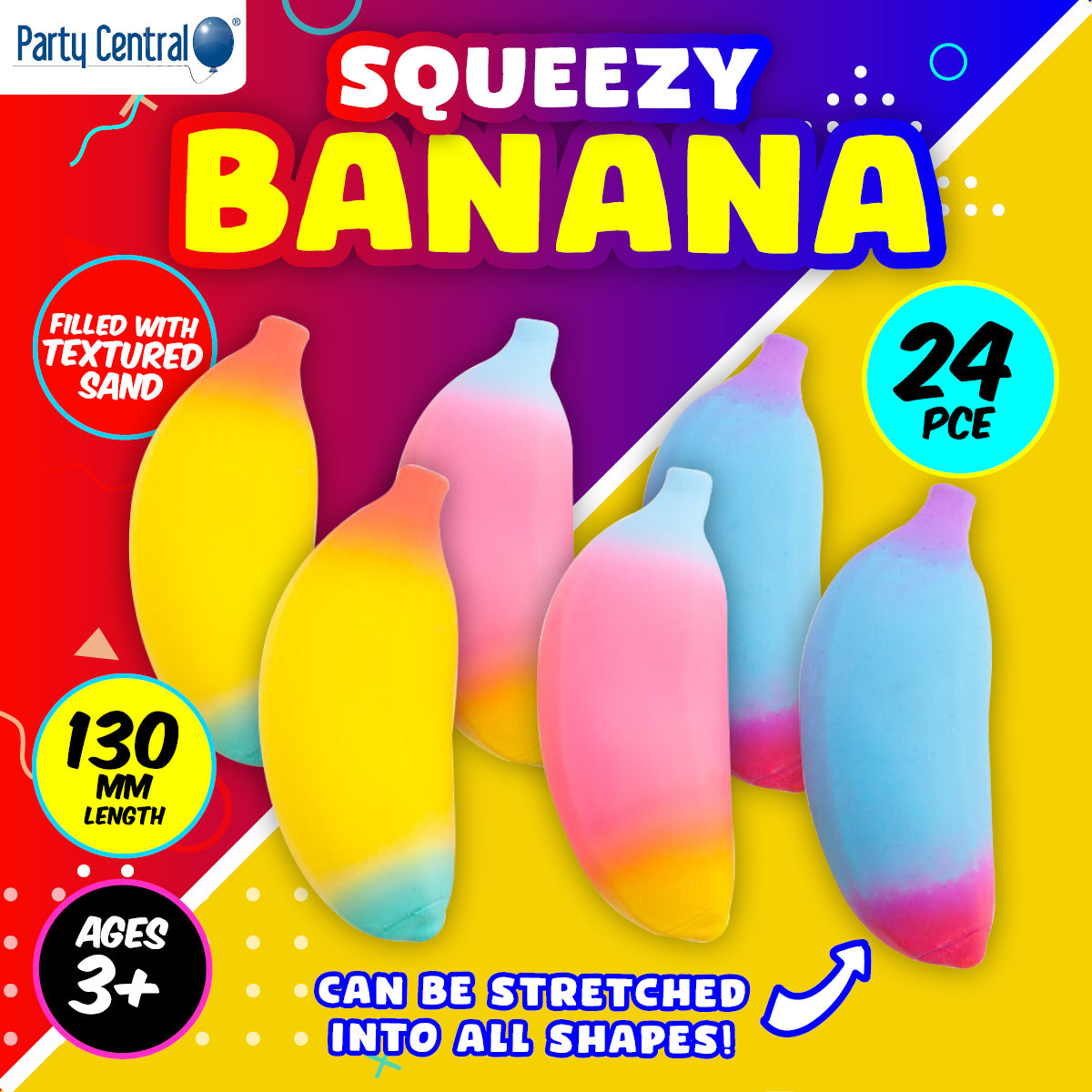 Party Central 24PCE Squeezy Bananas Bright Stretchy Squishy Sensory Play 13cm