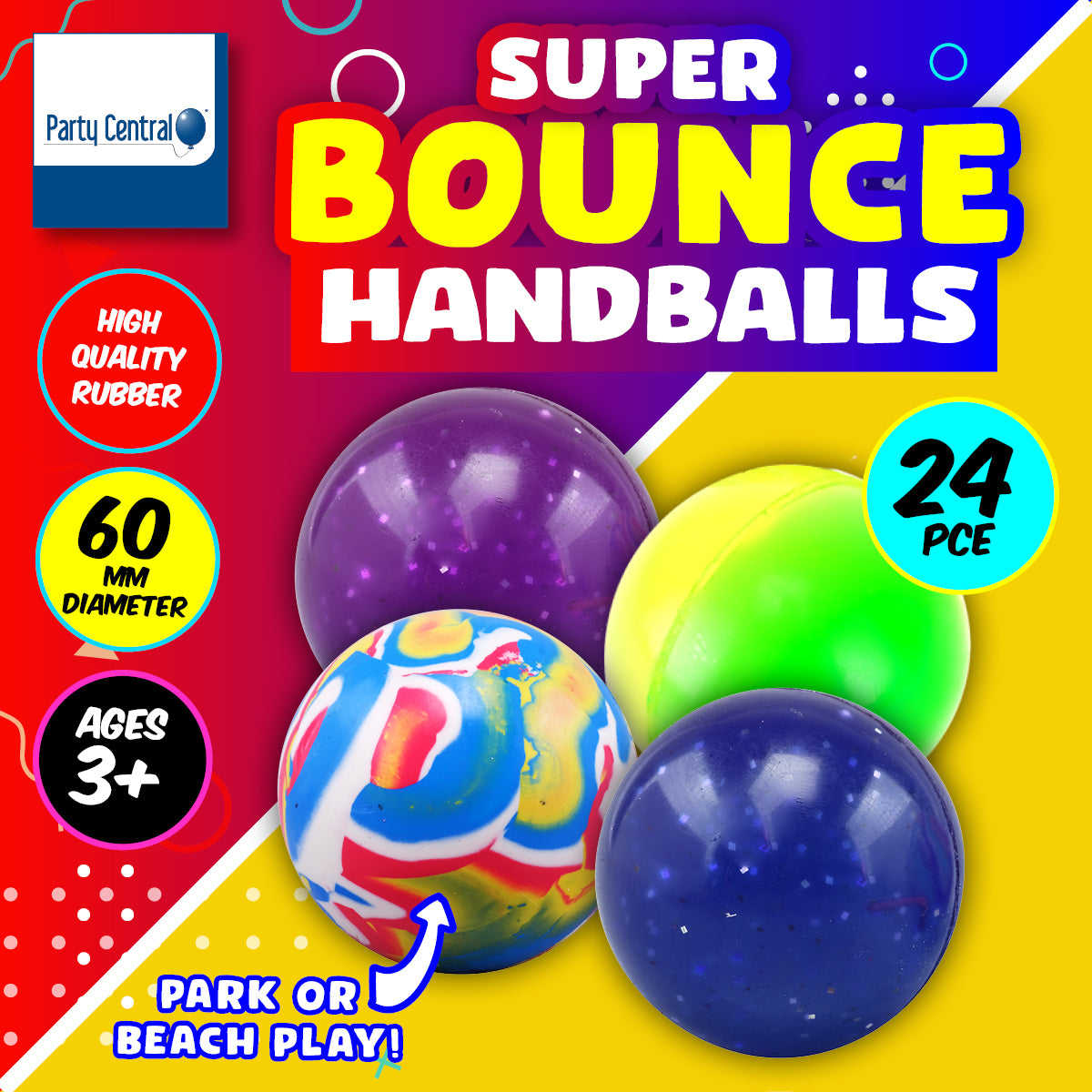 Party Central 24PCE Super Bounce Hand Balls High Quality Rubber 60mm